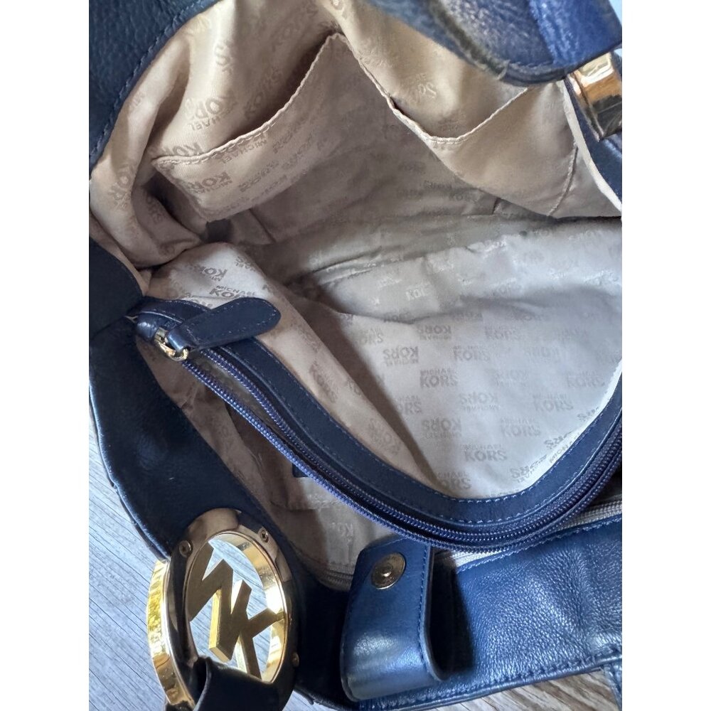 Michael Kors large navy blue pebbled leather tote shoulder bag MK logo gold hard - Picture 6 of 9